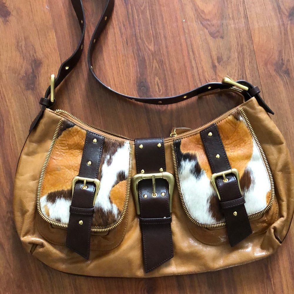 Sondra Roberts Tan, Brown & White Hobo Bag with Haircalf Accents